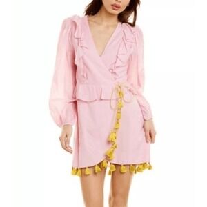 Ash Eden Pink Wrap Dress Gold Tassels Hand Crafted ruffles womans size Large NWT